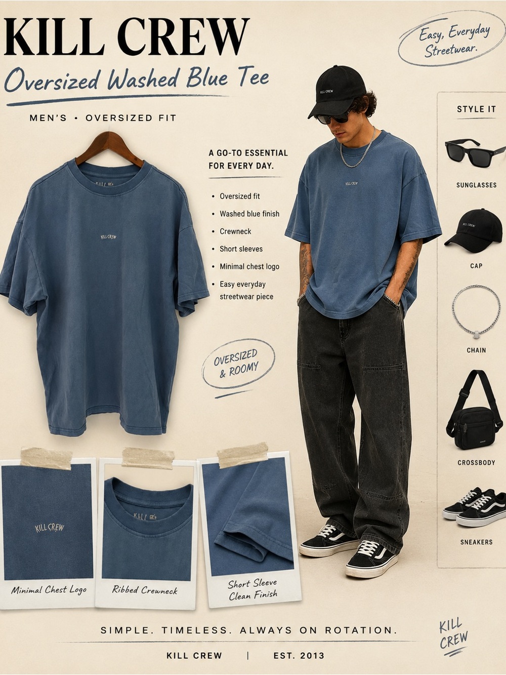 KILL CREW Oversized Washed Blue Short Sleeve Crewneck Tee